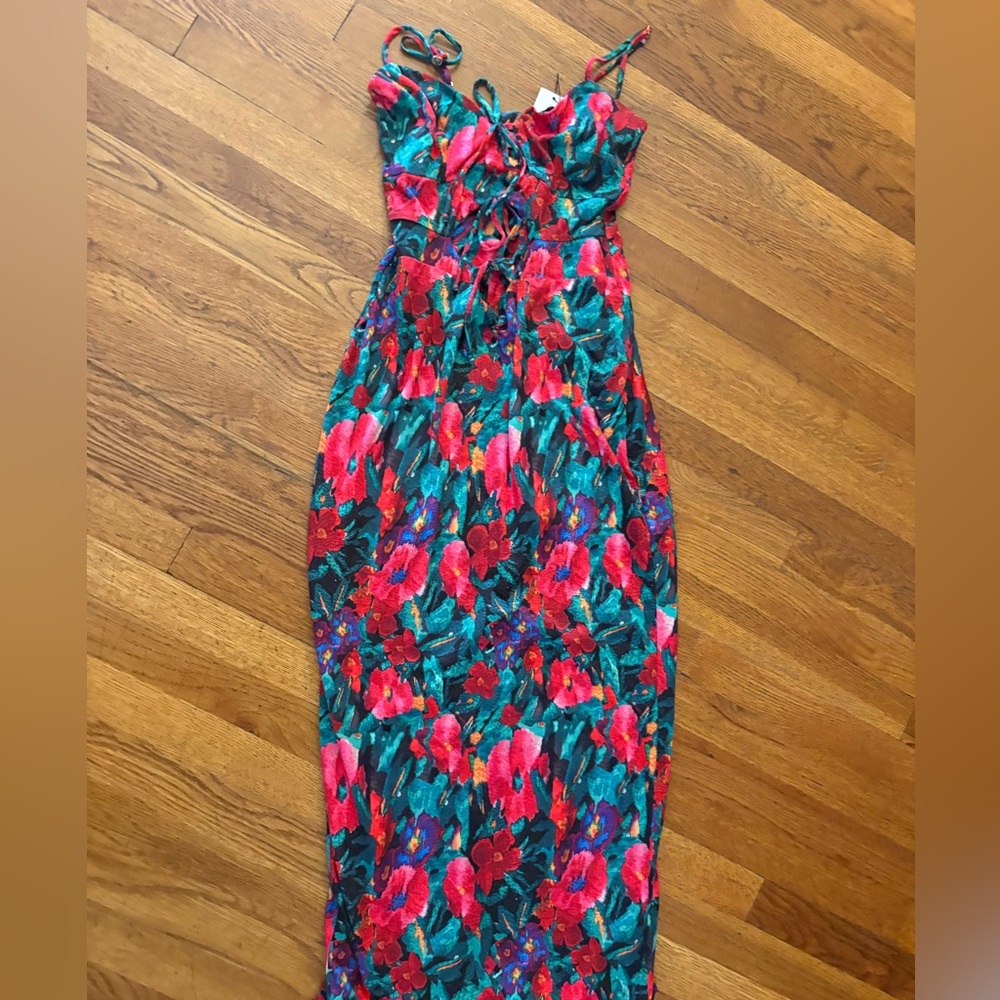 RESA Floral Tie-Front Maxi Dress in Teal and Fuchsia